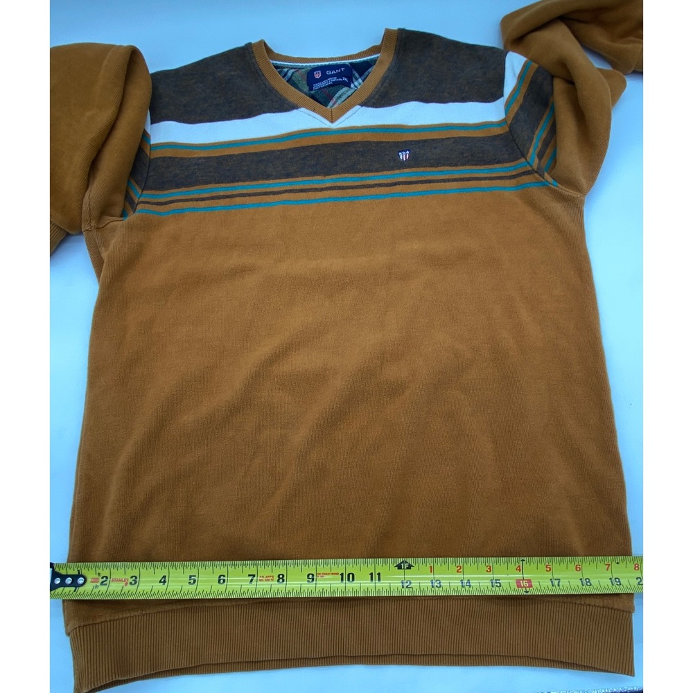 Gant Mens V-Neck Sweater 2XL Mustard Yellow Stripe Chest Logo Preppy Knit Jumper - Picture 5 of 12